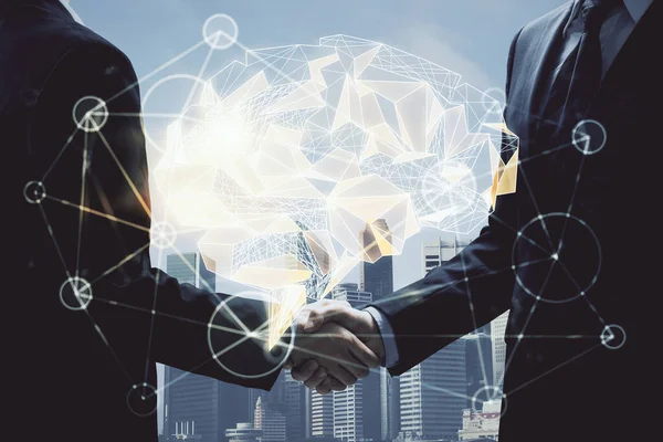 Double Exposure Brain Hologram Handshake Two Men Partnership Industry Concept — Stock Photo, Image