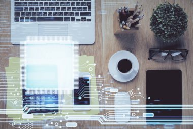 Çalışma masasının üzerine teknoloji teması çizimi çifte pozlama. Üst Manzara. Küresel veri analiz kavramı.