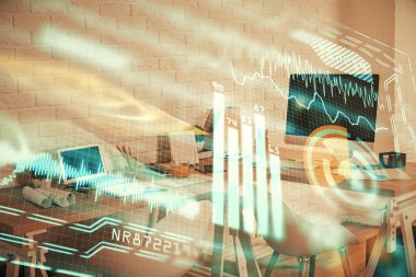 Teknoloji temalı çizimlere ve ofis içi arka planına çifte maruz kalma. Teknoloji konsepti.