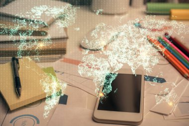 Sosyal ağ temalı çizim ve cep telefonu arkaplanının iki katına çıkarılması. İnsanların dünya üzerindeki bağlantıları kavramı