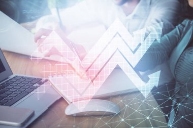 Double exposure of arrow drawing over people taking notes background. Concept of growth