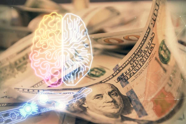 Dvojnásobné Vystavení Mozku Které Přetahuje Pozadí Bankovek Dolarech Technologický Koncept — Stock fotografie