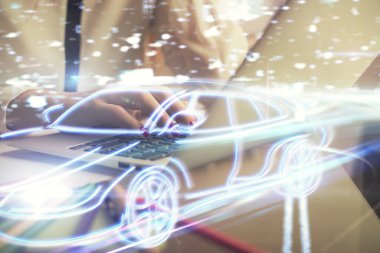 Bilgisayarda ve otomobil temalı çizimlerde kadın elinin çifte pozu. Yüksek Teknoloji kavramı.