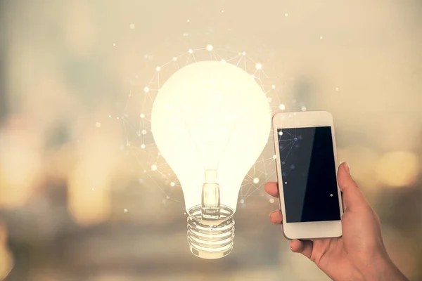 Double Exposure Light Bulb Hologram Woman Holding Using Mobile Device — Stock Photo, Image