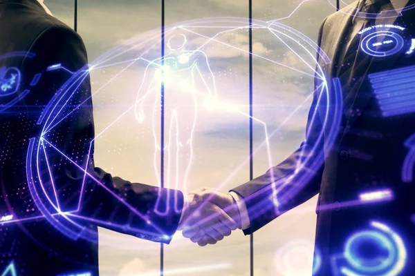 Doppelentlarvung des Bildungs-Hologramms und Händedruck zweier Männer. — Stockfoto