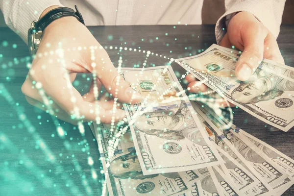 Multi exponering av DNA rita hologram och USA dollar räkningar och manshänder. Medicinsk utbildning. — Stockfoto