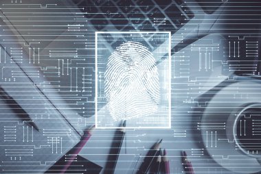 Masaüstü arka planında parmak izi var. Üst Manzara. Çifte maruziyet. Menkul kıymetleştirme kavramı.