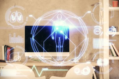 Eğitim teması çizimi ve ofis içi arka planına çifte maruz kalma. Bilim kavramı.