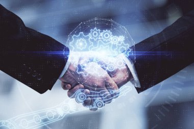 İki kişinin veri temalı hologramı ve el sıkışması. Bilişim endüstrisi konseptinde ortaklık.