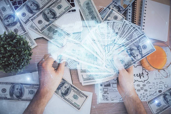 Multi Exposure Brain Drawing Hologram Dollars Bills Man Hands Invest — Stock Photo, Image