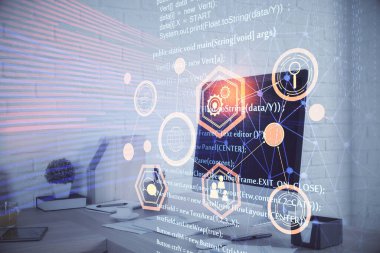 Veri teması çizimi ve ofis içi arka planına çifte maruz kalma. Teknoloji kavramı.