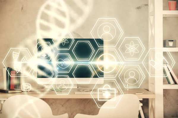 Double Exposure Dna Drawing Office Interior Background Concept Science — Stock Photo, Image