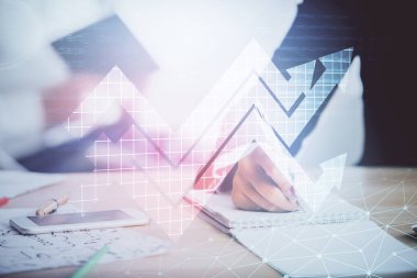 Double exposure of arrow drawing over people taking notes background. Concept of growth