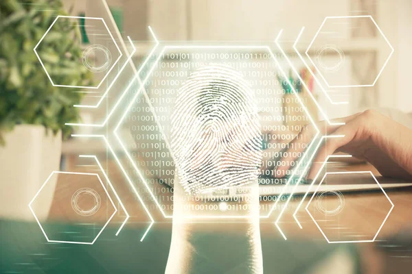 Double Exposure Woman Hands Typing Computer Fingerprint Drawing Security Concept — Stock Photo, Image