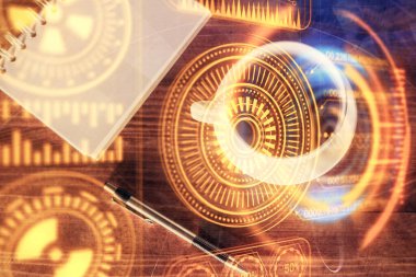 Teknoloji çizimi ve çalışma masası üst veiw çift pozlama. Yüksek teknoloji kavramı.