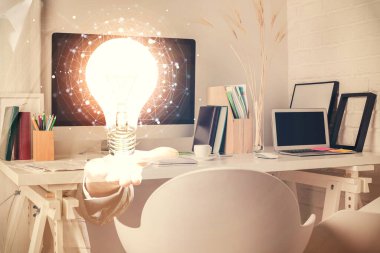 Ampul ve ofis içi arka planının iki katı. Fikir kavramı.