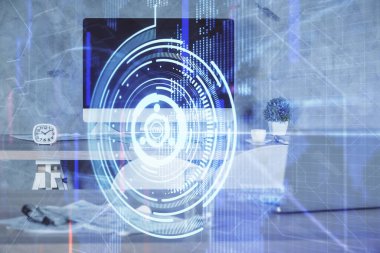 Veri teması çizimi ve ofis içi arka planına çoklu maruz kalma. Teknoloji kavramı.