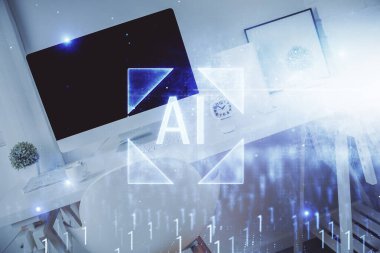 Veri teması çizimi ve ofis içi arka planına çoklu maruz kalma. Teknoloji kavramı.