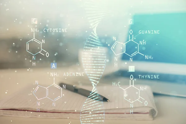 Dupla Exposição Desenho Dna Mesa Com Fundo Notebook Aberto Conceito — Fotografia de Stock