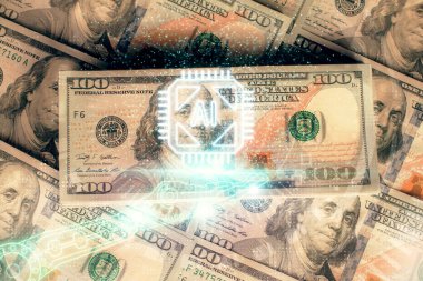 İki kez veri temasına maruz kalınca dolar banknotları arka planda kalıyor. Teknoloji konsepti.