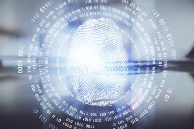 Ofisteki kahve fincanı arka planında parmak izi hologramına çifte maruz kalma. Bilgi güvenliği kavramı