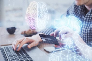 Bir adamın elinde kredi kartı ve bir insanın gözlük çizimine iki kez maruz kalmış. Sanal gerçeklik ve E-ticaret kavramı.