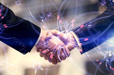 Nöron çift pozlama hologram çizim ve iki adamın el sıkışması. Eğitim kavramı