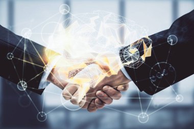 Beyin hologramının iki katına çıkması ve iki adamın el sıkışması. Bilişim endüstrisi konseptinde ortaklık.