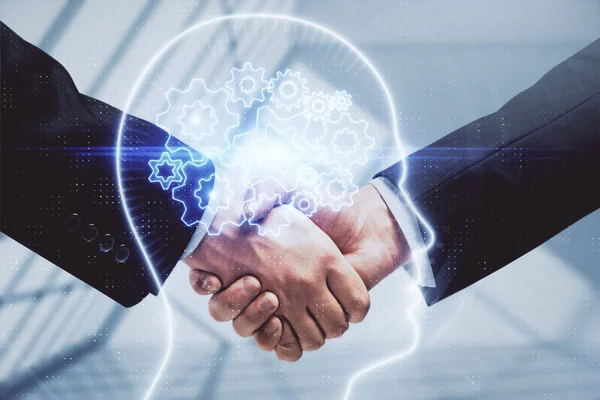 Double Exposure Brain Hologram Handshake Two Men Partnership Industry Concept — Stock Photo, Image