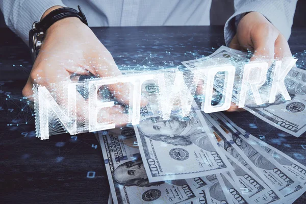 Teknolojinin Iki Katına Çıkması Hologram Dolar Banknotları Insan Eli Veri — Stok fotoğraf