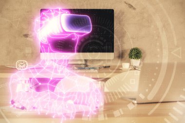 Sanal gerçeklik gözlüklü, çizim yapan ve ofisin arka planında olan bir adamın çifte görüntüsü. AR kavramı.