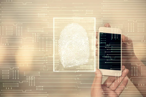 Double exposure of fingerprint hologram and woman holding and using a mobile device. Security concept.