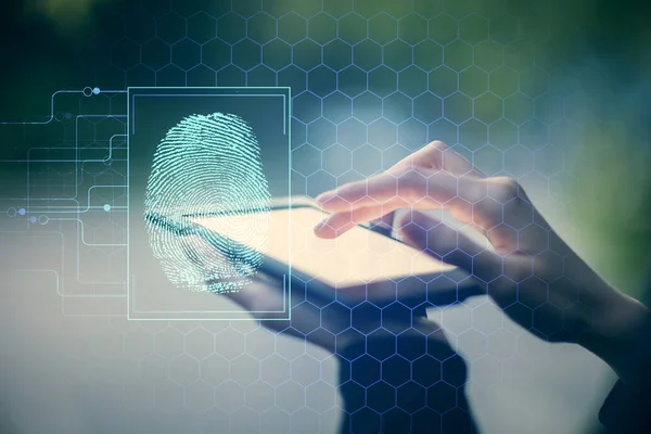 Double exposure of fingerprint hologram and woman holding and using a mobile device. Security concept.