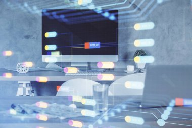 Veri teması çizimi ve ofis içi arka planına çoklu maruz kalma. Teknoloji kavramı.