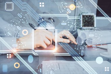 Dijital bir cihaz ve veri temalı çizim kullanan bir adamın el ele tutuşması. Yenilik kavramı.