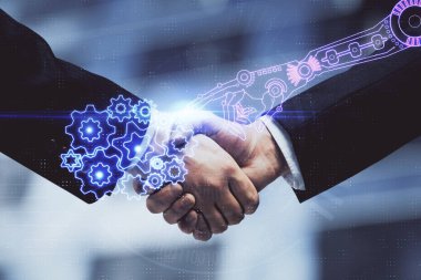 İki kişinin veri temalı hologramı ve el sıkışması. Bilişim endüstrisi konseptinde ortaklık.