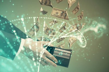 DNA 'ya çok fazla maruz kalmış hologram, Amerikan dolarları ve insan eli. Tıp eğitimi kavramı.