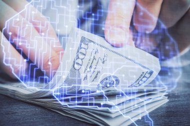 Beynin holograma maruz kalması, bize dolar banknotları ve insan eli çizmesi. Ai yatırım konsepti