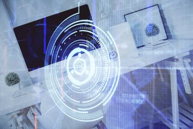 Veri teması çizimi ve ofis içi arka planına çoklu maruz kalma. Teknoloji kavramı.