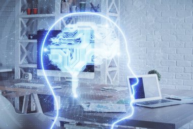 Beyin çizimine ve ofis içi arka planına çoklu maruz kalma. Veri teknolojisi kavramı.