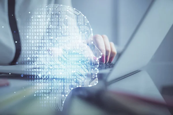 Multi Exposure Woman Hands Working Computer Human Brain Hologram Drawing — Stock Photo, Image