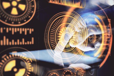 Dijital bir cihaz ve teknoloji temalı hologram çizimi kullanarak insanın elini tutarken çift pozlama. Teknoloji konsepti.