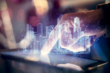 Dijital bir cihaz ve şehir çizimi kullanarak insanın ellerini tutarken çift pozlama.