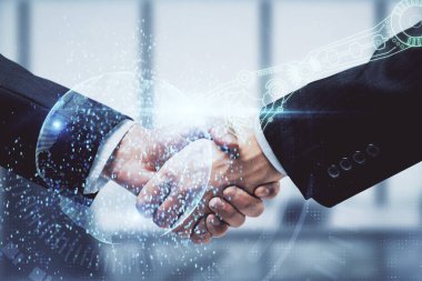 İki kişinin veri temalı hologramı ve el sıkışması. Bilişim endüstrisi konseptinde ortaklık.