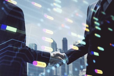 İki kişinin veri temalı hologramı ve el sıkışması. Bilişim endüstrisi konseptinde ortaklık.