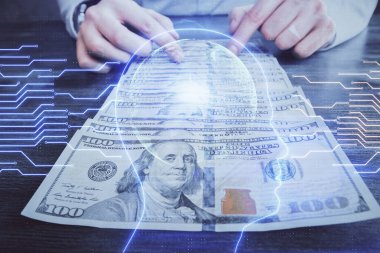 Beynin holograma maruz kalması, bize dolar banknotları ve insan eli çizmesi. Ai yatırım konsepti