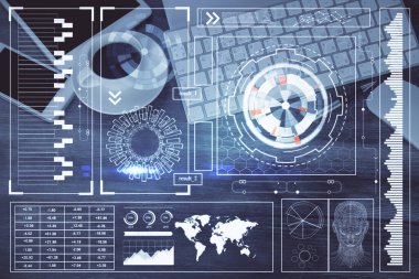 Çalışma masasının üzerine teknoloji teması çizimi çifte pozlama. Üst Manzara. Küresel veri analiz kavramı.