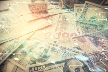 İki kez veri temasına maruz kalınca dolar banknotları arka planda kalıyor. Teknoloji konsepti.