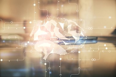 Kahve fincanı arkaplanından Ai veri beyninin iki kez görüntülenmesi.