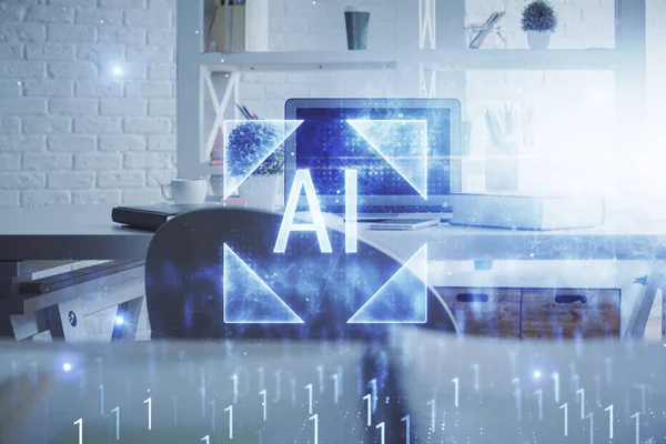 Veri teması çizimi ve ofis içi arka planına çifte maruz kalma. Teknoloji kavramı.